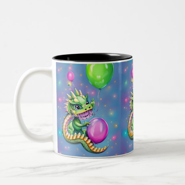 Niedliche Geburtstag Dragon mit Balloons Zweifarbige Tasse (Links)