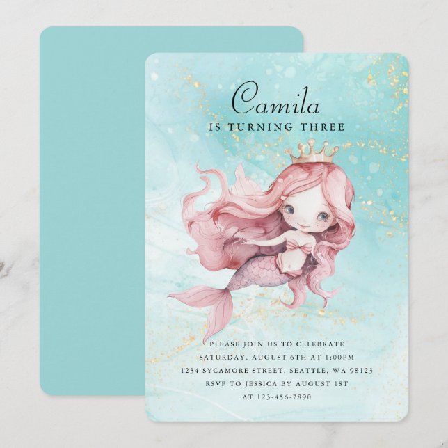 Niedliche Geburtstag Mermaid Einladung (Vorne/Hinten)