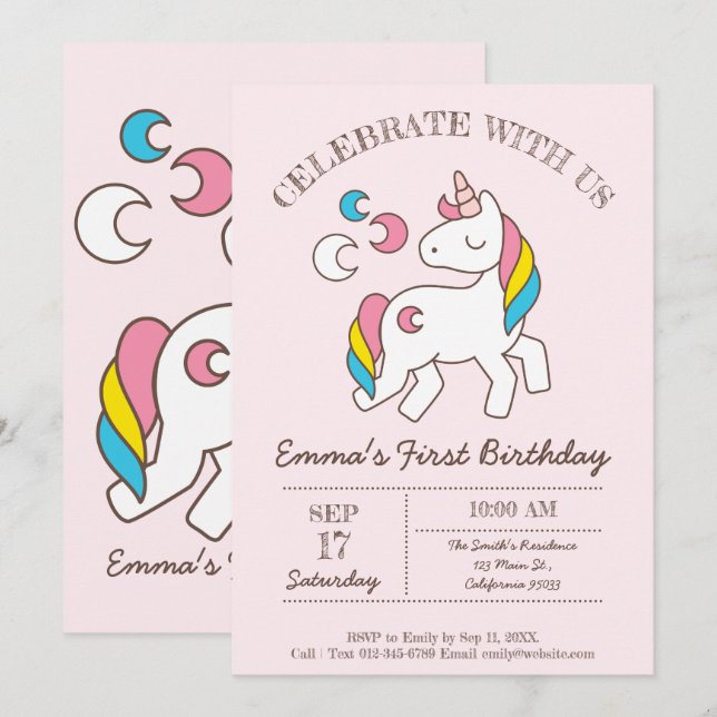 Niedliche Geburtstag Rainbow Unicorn Einladung (Vorne/Hinten)