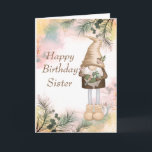 Niedliche Geburtstag Sister Lucky Gnome Karte<br><div class="desc">Lucky Little Woodland Gnome mit niedlichem Vogel,  Maus und Hase. Geburtstagskarte für Ihre Schwester</div>