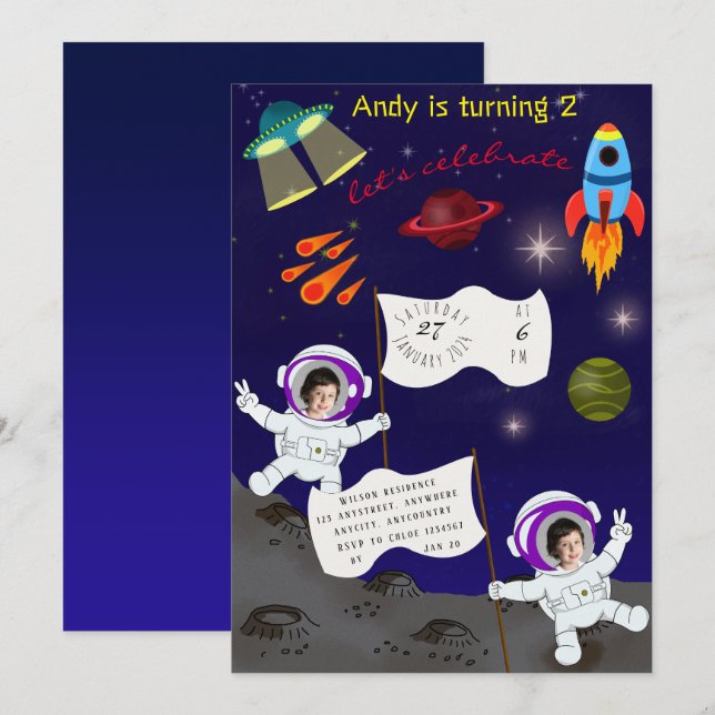 Niedliche Geburtstag Space Astronaut Cartoon Einladung (Vorne/Hinten)