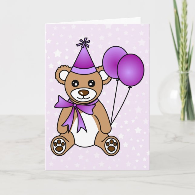 Niedliche Geburtstag Teddy Bear - Lila Karte (Vorderseite)