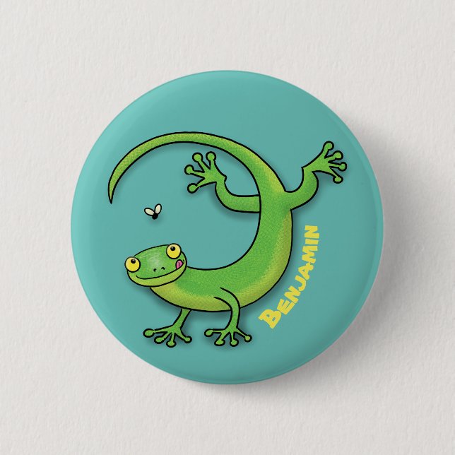 Niedliche Gecko-Eidechse mit Bug-Cartoon Button (Vorderseite)