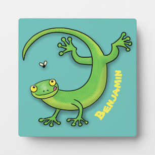 Niedliche Geckogrün-Grüße mit Bug-Cartoon Fotoplatte
