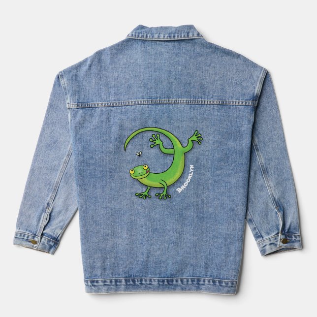 Niedliche Geckogrün-Grüße mit Bug-Cartoon Jeansjacke (Rückseite)