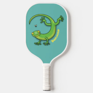 Niedliche Geckogrün-Grüße mit Bug-Cartoon Pickleball Schläger