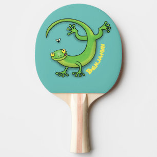 Niedliche Geckogrün-Grüße mit Bug-Cartoon Tischtennis Schläger