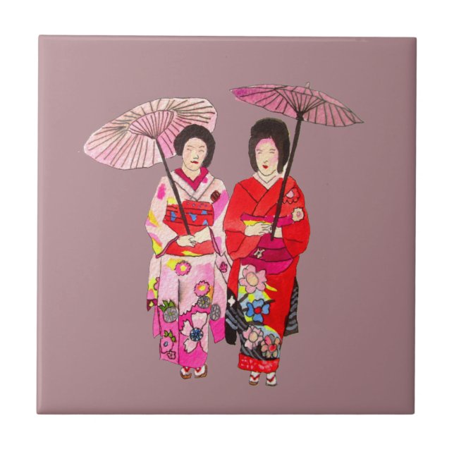 niedliche Geisha mit rosa Kimono Fliese (Vorderseite)