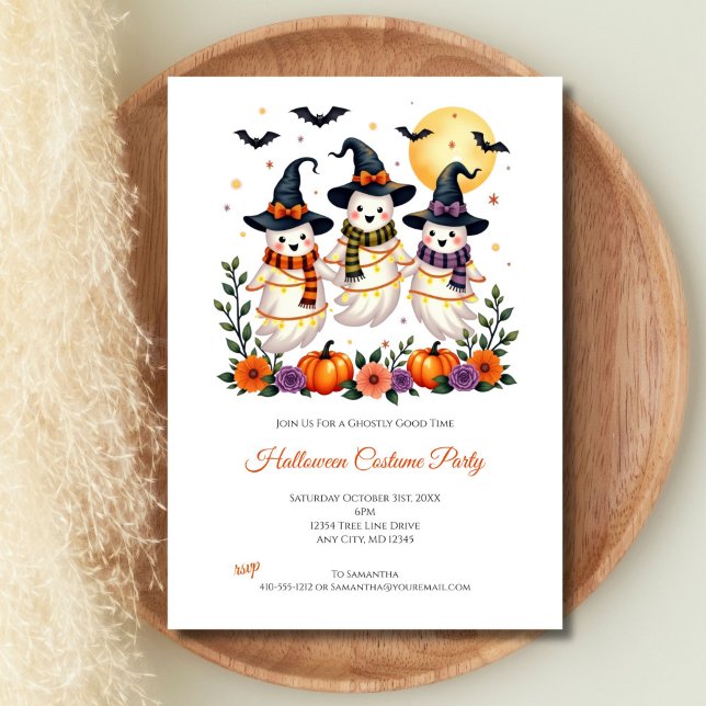 Niedliche Geister Blume Pumpkins Fledermäuse Hallo Einladung (Cute Ghosts Halloween Party Invitation for kids and adults. All fields are editable)