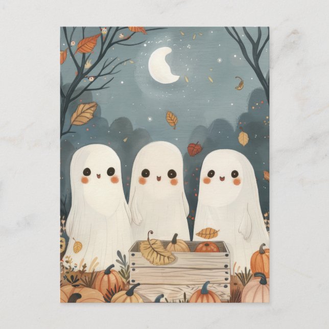 Niedliche Geister mit Pumpkin Harvest Halloween Postkarte (Vorderseite)
