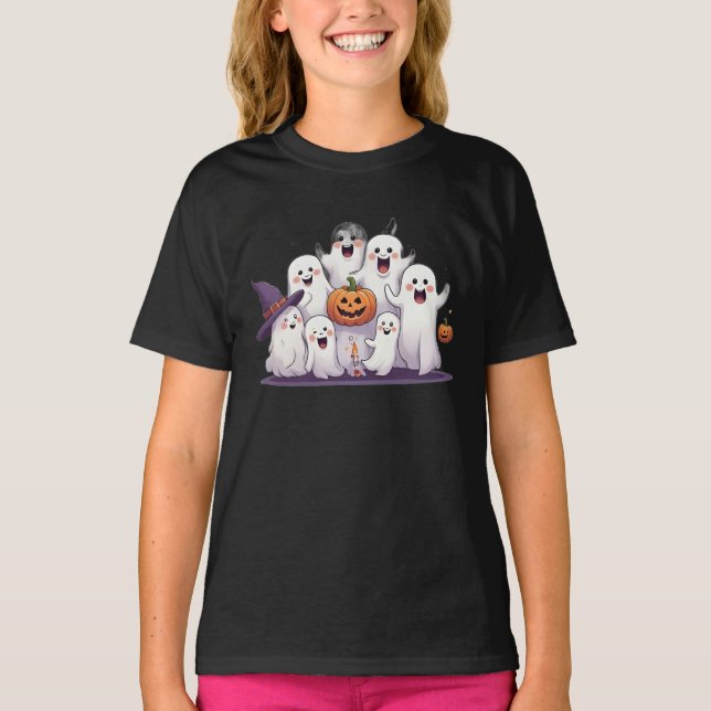 Niedliche Geister und Kürbis Kids Halloween T - Sh T-Shirt (Vorderseite)