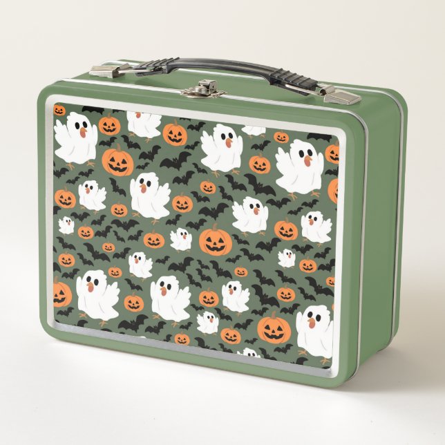 Niedliche Geisterhühner mit Pumpkins und Fledermäu Metall Brotdose (Vorderseite)