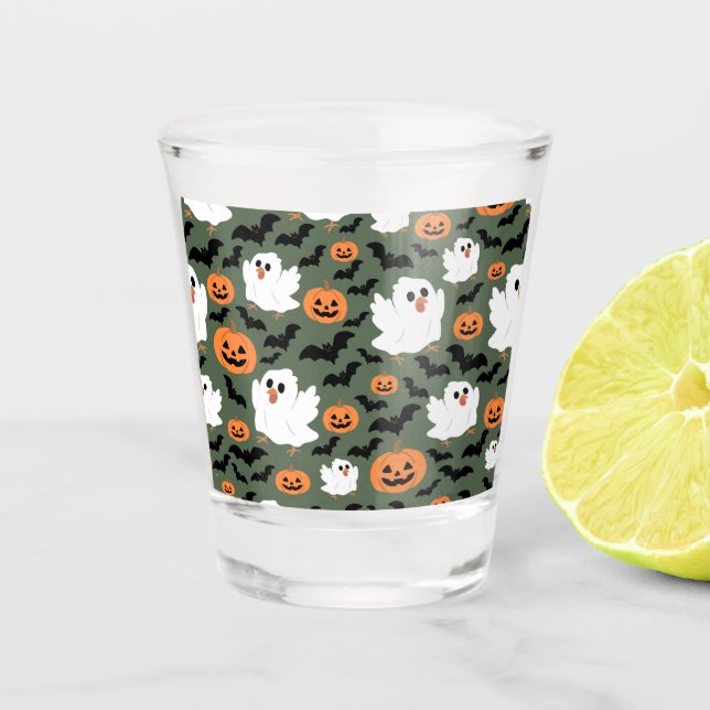 Niedliche Geisterhühner mit Pumpkins und Fledermäu Schnapsglas (Vorderseite)