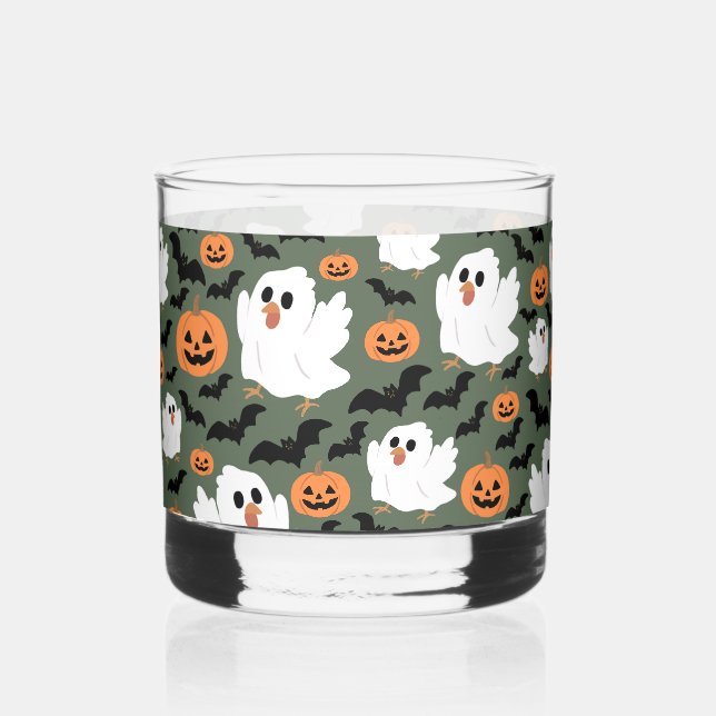 Niedliche Geisterhühner mit Pumpkins und Fledermäu Whiskyglas (Vorderseite)