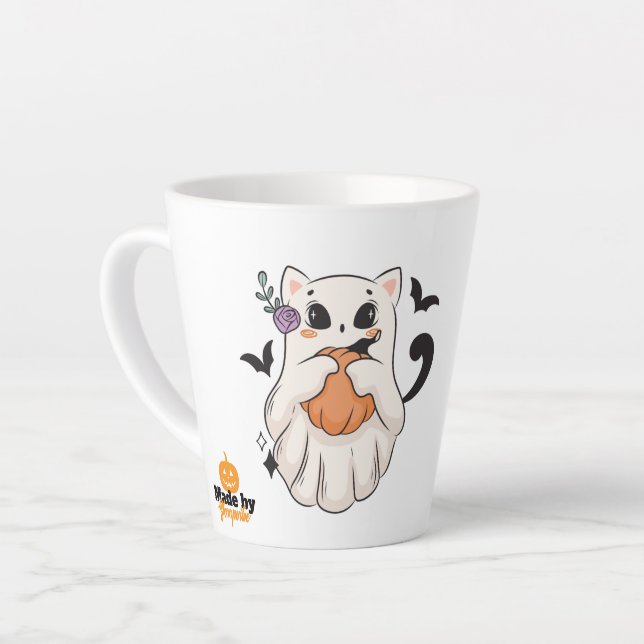 Niedliche Geisterkatze mit Pumpkin | Spooky Hallow Milchtasse (Linke Ecke)