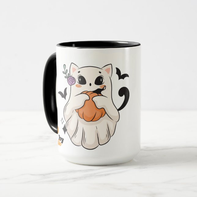 Niedliche Geisterkatze mit Pumpkin | Spooky Hallow Tasse (Vorderseite Links)