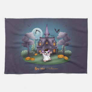 Niedliche Geisterkürbis Spuk HausHalloween Geschirrtuch