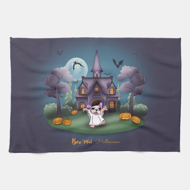 Niedliche Geisterkürbis Spuk HausHalloween Geschirrtuch (Horizontal)