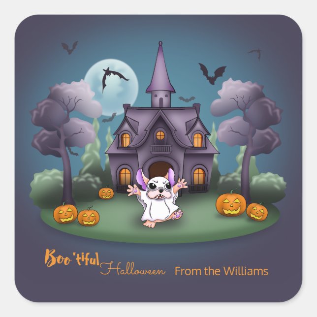 Niedliche Geisterkürbis Spuk HausHalloween Quadratischer Aufkleber (Vorderseite)
