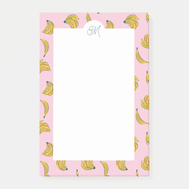 Niedliche Gelbbananen mit Monogramm im rosa Hinter Post-it Klebezettel (Vorderseite)