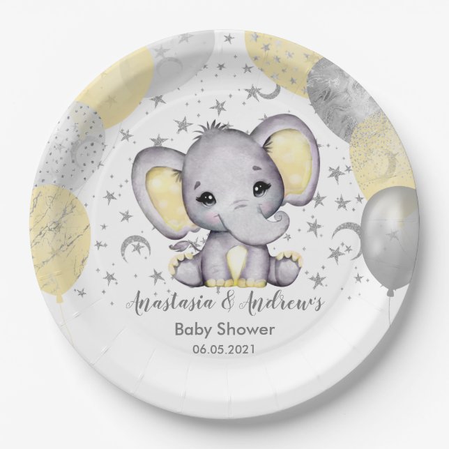 Niedliche gelbe Babydusche Elephant Balloons Paper Pappteller (Vorderseite)