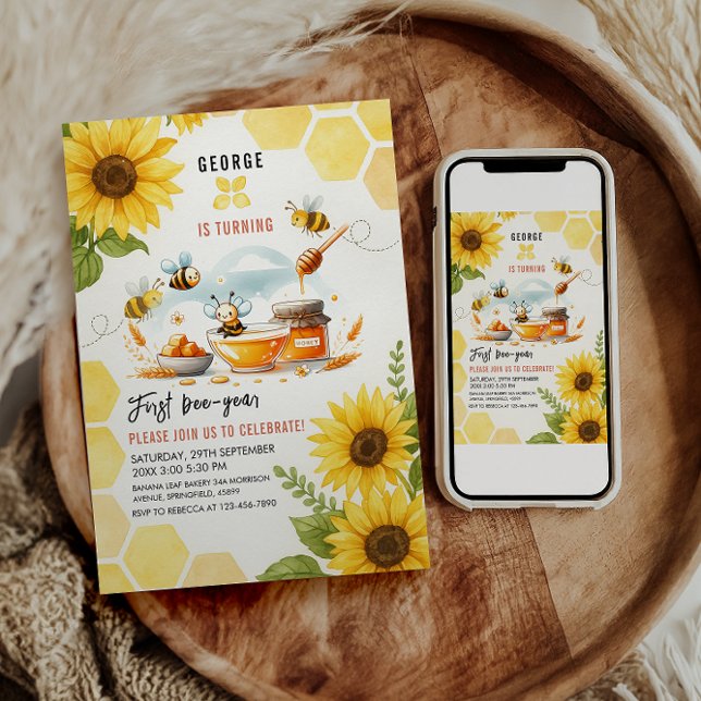 Niedliche Gelbe Biene & Sonnenblume 1. Geburtstag  Einladung (Von Creator hochgeladen)
