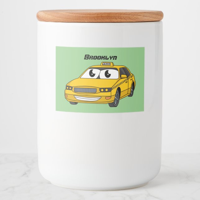 Niedliche Gelbe Taxifahrt Cartoon Illustration Lebensmitteletikett (Vorderseite)