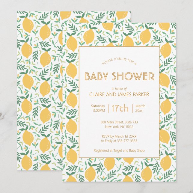 Niedliche gelbe Zitrone Fruchtfoliage Babydusche Einladung (Vorne/Hinten)