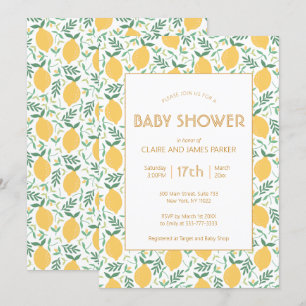 Niedliche gelbe Zitrone Fruchtfoliage Babydusche Einladung