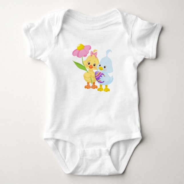 NIEDLICHE GELBEN- UND BLAUENEASTER-SCHICKEN MIT EI BABY STRAMPLER (Vorderseite)