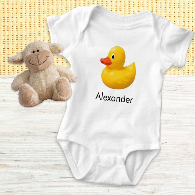 Niedliche Gelbkautschukente Baby Strampler (A cute baby bodysuit with yellow rubber duck picture, personalized with baby's name)