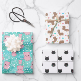 Niedliche gemischte Tiermuster von Schweinen Llama Geschenkpapier Set