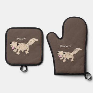 Niedliche gepunktete Gecko-Cartoon-Abbildung Ofenhandschuh & Topflappen-Set