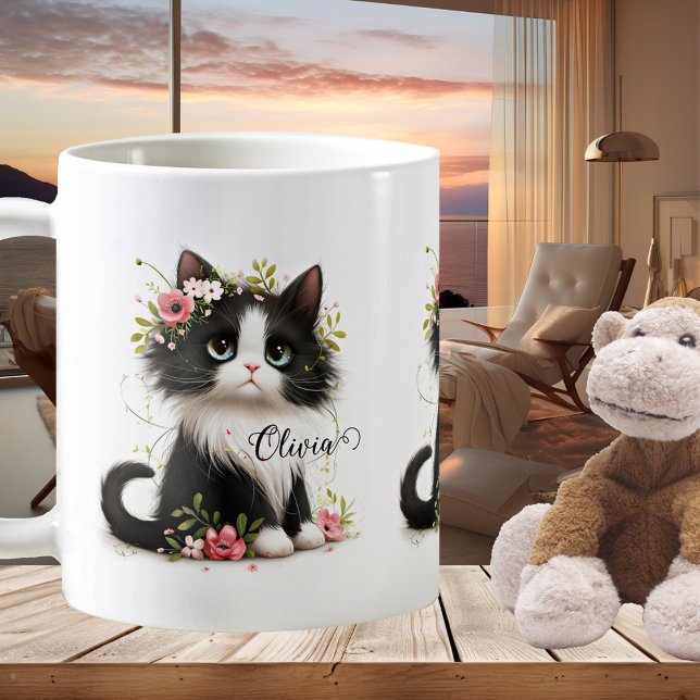 Niedliche Geschenke für Kinder Tasse (Cute mug featuring an illustration with a kitten with flowers. Lovely for a girl.)