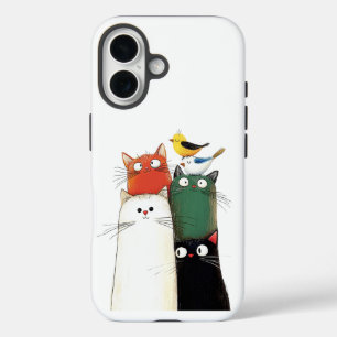 Niedliche gestapelte Katzen und Vögel iPhone 16 Hülle
