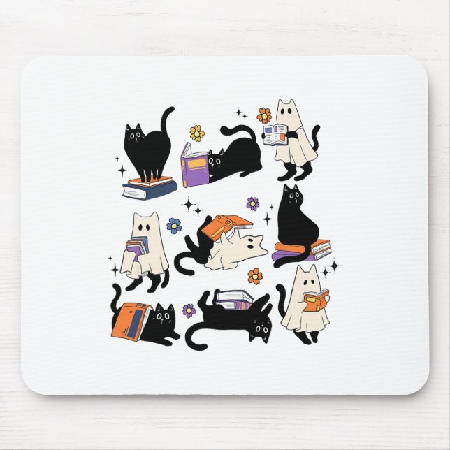 Niedliche Ghost Cat Reading Books Lover Bookish Ha Mousepad (Vorne)