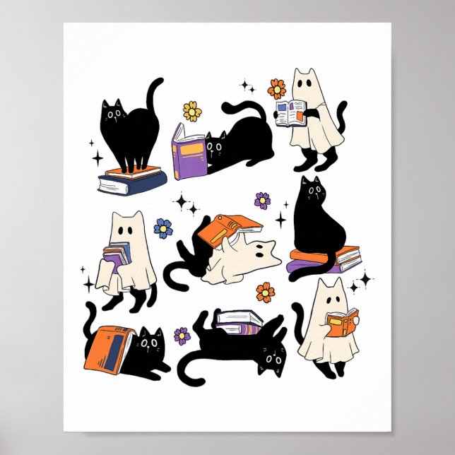 Niedliche Ghost Cat Reading Books Lover Bookish Ha Poster (Vorne)