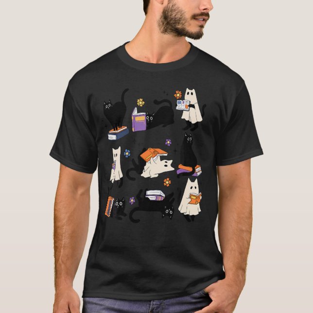 Niedliche Ghost Cat Reading Books Lover Bookish Ha T-Shirt (Vorderseite)
