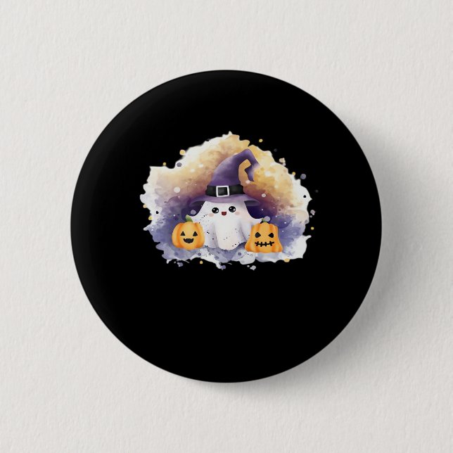 Niedliche Ghost-Katze mit Pumpkins � Kawaii Hallow Button (Vorderseite)