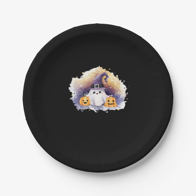 Niedliche Ghost-Katze mit Pumpkins � Kawaii Hallow Pappteller (Vorderseite)