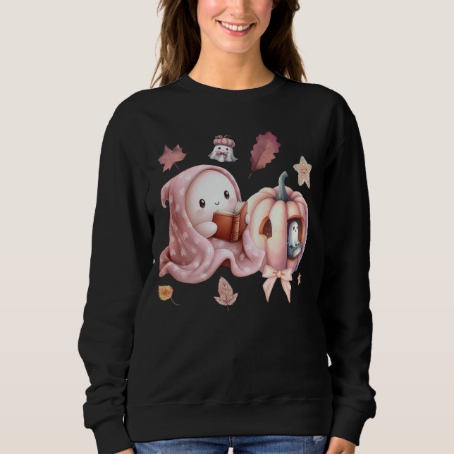 Niedliche Ghost Reading Book Teacher Halloween Lie Sweatshirt (Vorderseite)