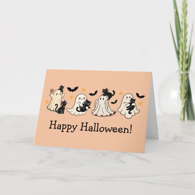 Niedliche Ghost- und Cat-Halloween-Grußkarte Karte (Vorderseite)