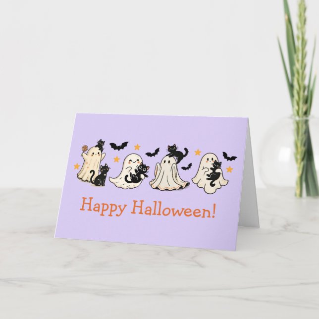 Niedliche Ghost- und Cat-Halloween-Grußkarte Karte (Vorderseite)