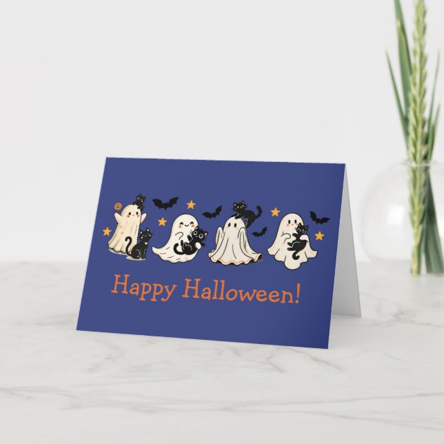 Niedliche Ghost- und Cat-Halloween-Grußkarte Karte (Vorderseite)
