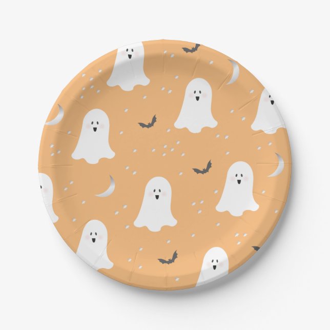 Niedliche Ghosts Halloween Pastel Orange Paper Pla Pappteller (Vorderseite)