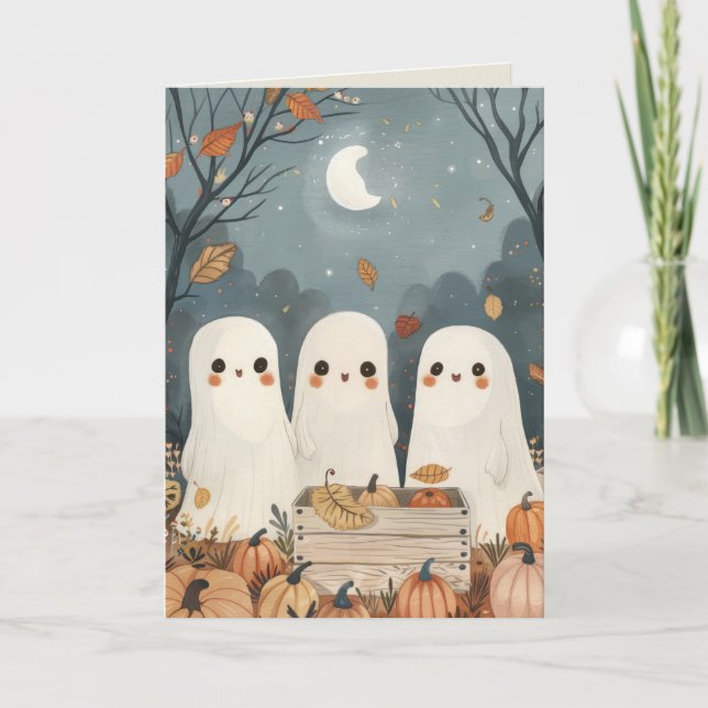 Niedliche Ghosts & Pumpkins Whimsical Happy Hallow Karte (Vorderseite)