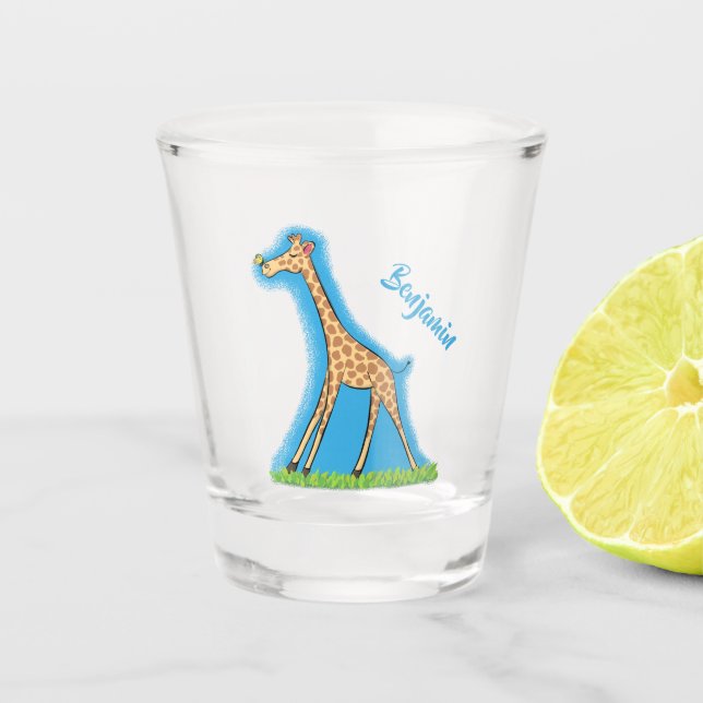 Niedliche Gigraffe mit Schmetterling-Cartoon Schnapsglas (Vorderseite)