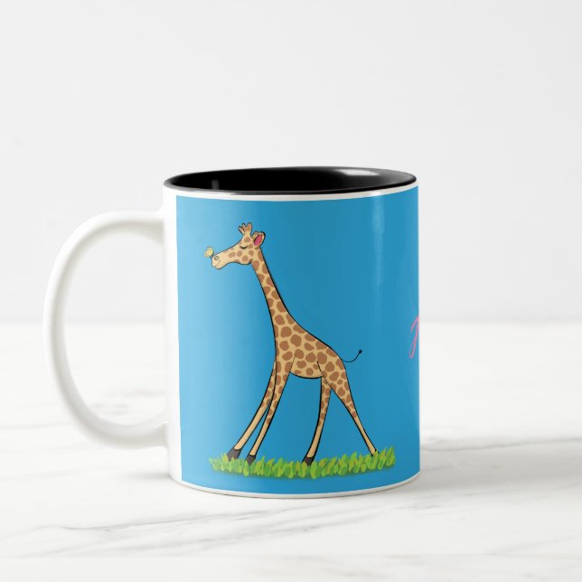 Niedliche Gigraffe mit Schmetterling-Cartoon Zweifarbige Tasse (Links)