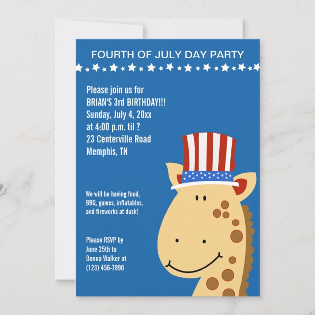 Niedliche Giraffe 4. Amerikanische Unabhängigkeits Einladung (Vorderseite)