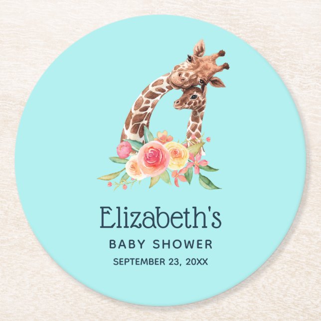 Niedliche Giraffe Aquarell Mama & Neue Babydusche Runder Pappuntersetzer (Vorderseite)